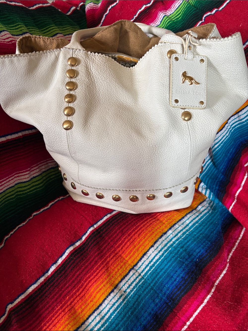 Emma Fox Cream Pebbled Tote with Gold Studs and Removable Center Pouch